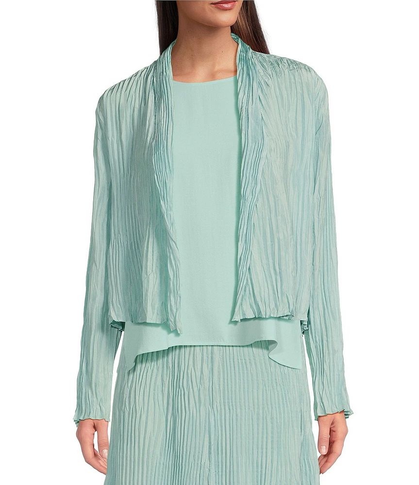 Eileen Fisher Crushed Silk Stand Collar Long Sleeve Open-Front Jacket