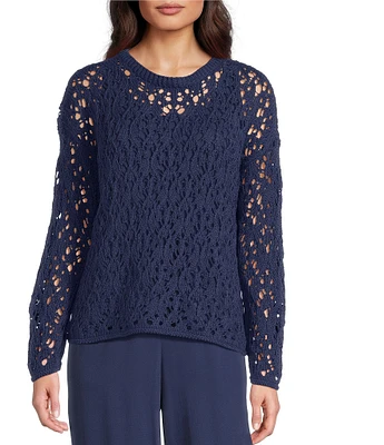 Eileen Fisher Organic Cotton Open Stitch Round Neck Long Sleeve Sweater