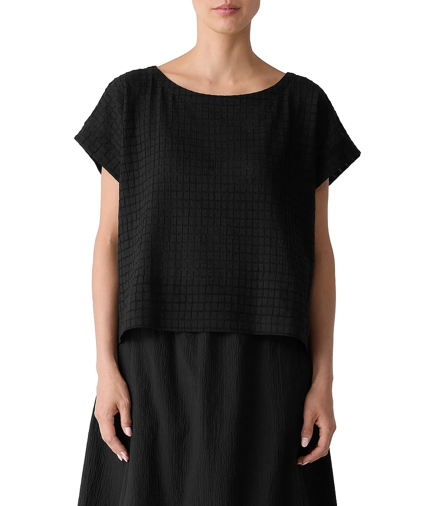 Eileen Fisher Organic Cotton Blend Airy Box Pattern Boat Neck Short Sleeve Top