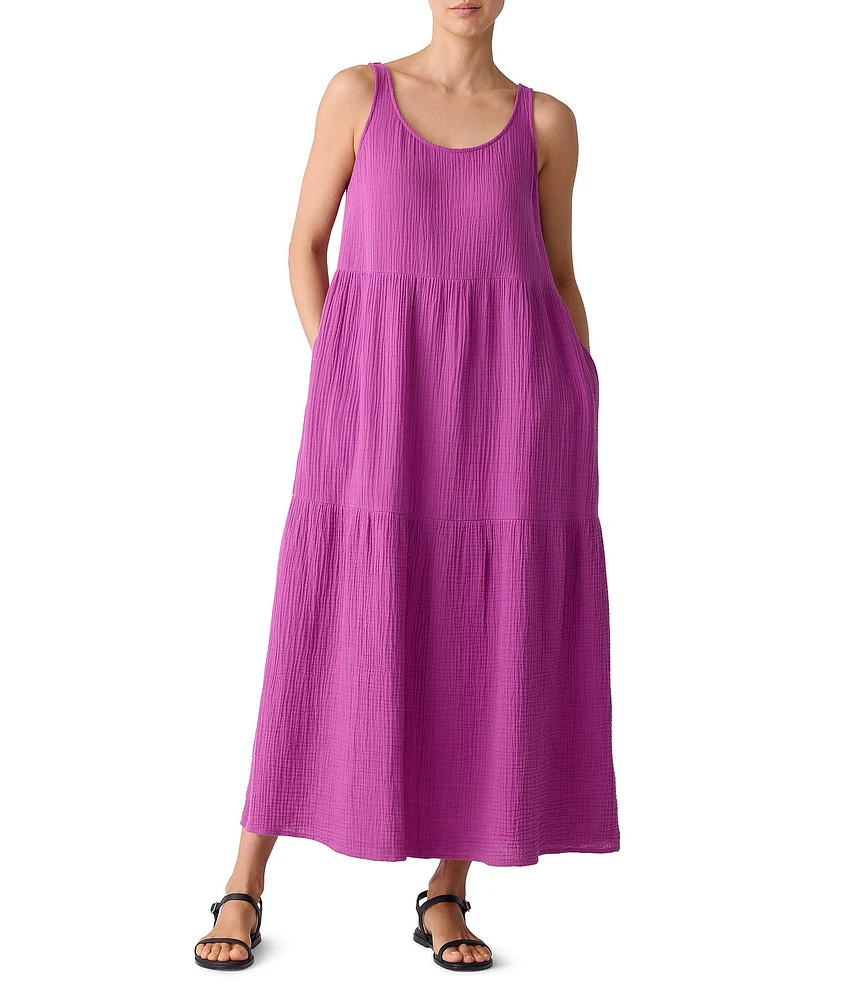 Eileen Fisher Organic Cotton Gauze Scoop Neck Sleeveless Tiered Maxi Dress