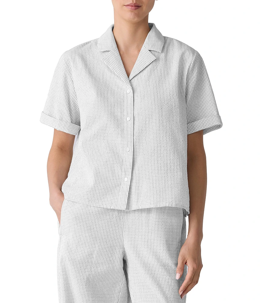 Eileen Fisher Organic Cotton Grid Pattern Notch Collar Short Sleeve Button Front Shirt