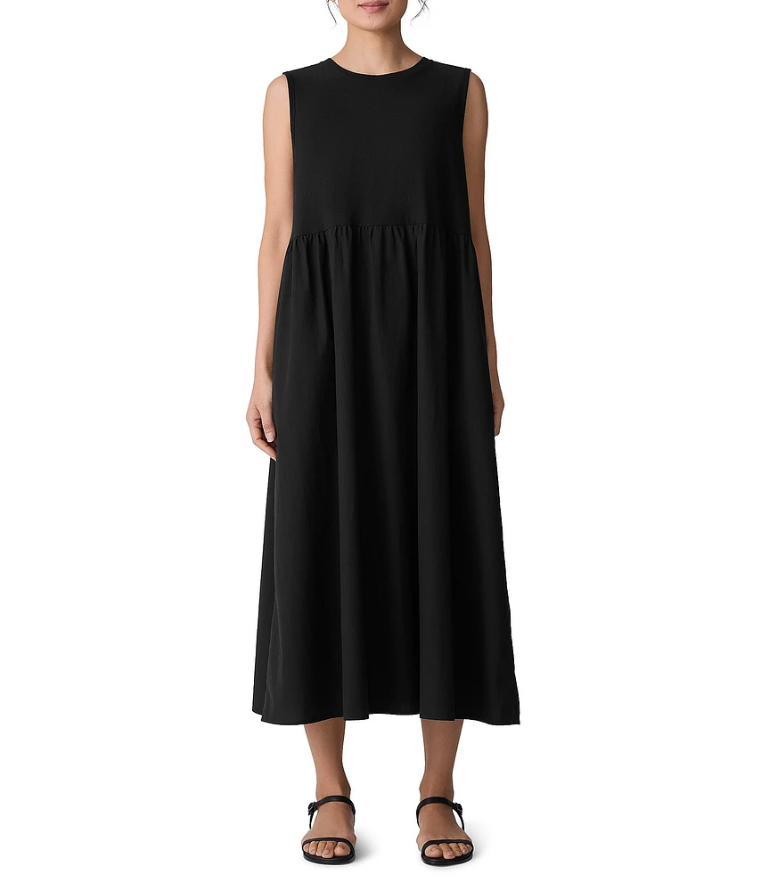 Eileen Fisher Organic Cotton Knit Poplin Round Neck Sleeveless Midi Dress
