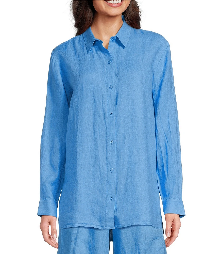 Eileen Fisher Organic Handkerchief Linen Point Collar Long Sleeve Button-Front Shirt