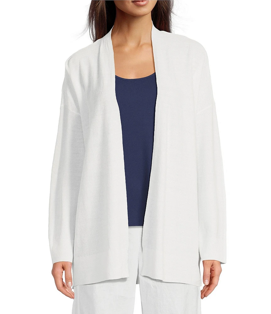 Eileen Fisher Organic Linen Blend Ribbed Trim Open Front Long Sleeve Cardigan