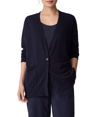 Eileen Fisher Organic Linen Cotton Blend V-Neck Long Sleeve Cardigan