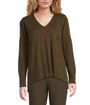 Eileen Fisher Organic Linen Cotton Blend V-Neck Long Sleeve Sweater