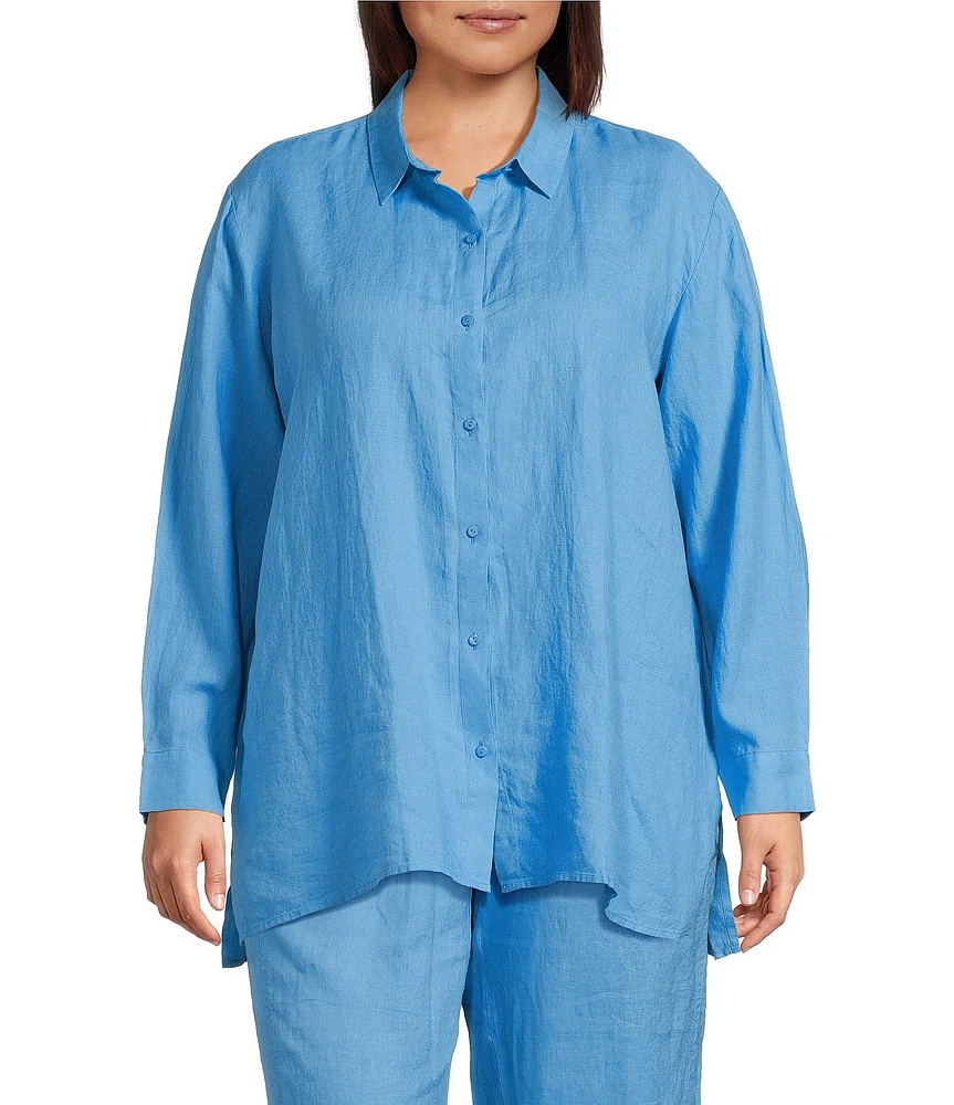 Eileen Fisher Plus Size Organic Handkerchief Linen Point Collar Long Sleeve Button-Front Shirt
