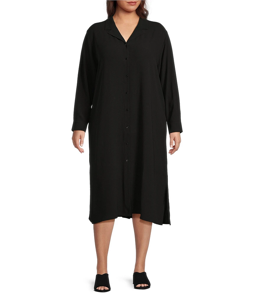 Eileen Fisher Plus Size Silk Georgette Crepe Notch Collar Long Sleeve Button Front Dress