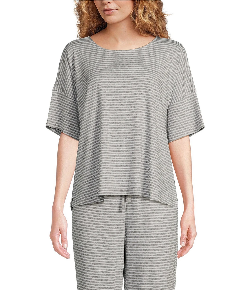 Eileen Fisher Organic Cotton Short Sleeve Round Neck Knit Striped Coordinating Sleep Top