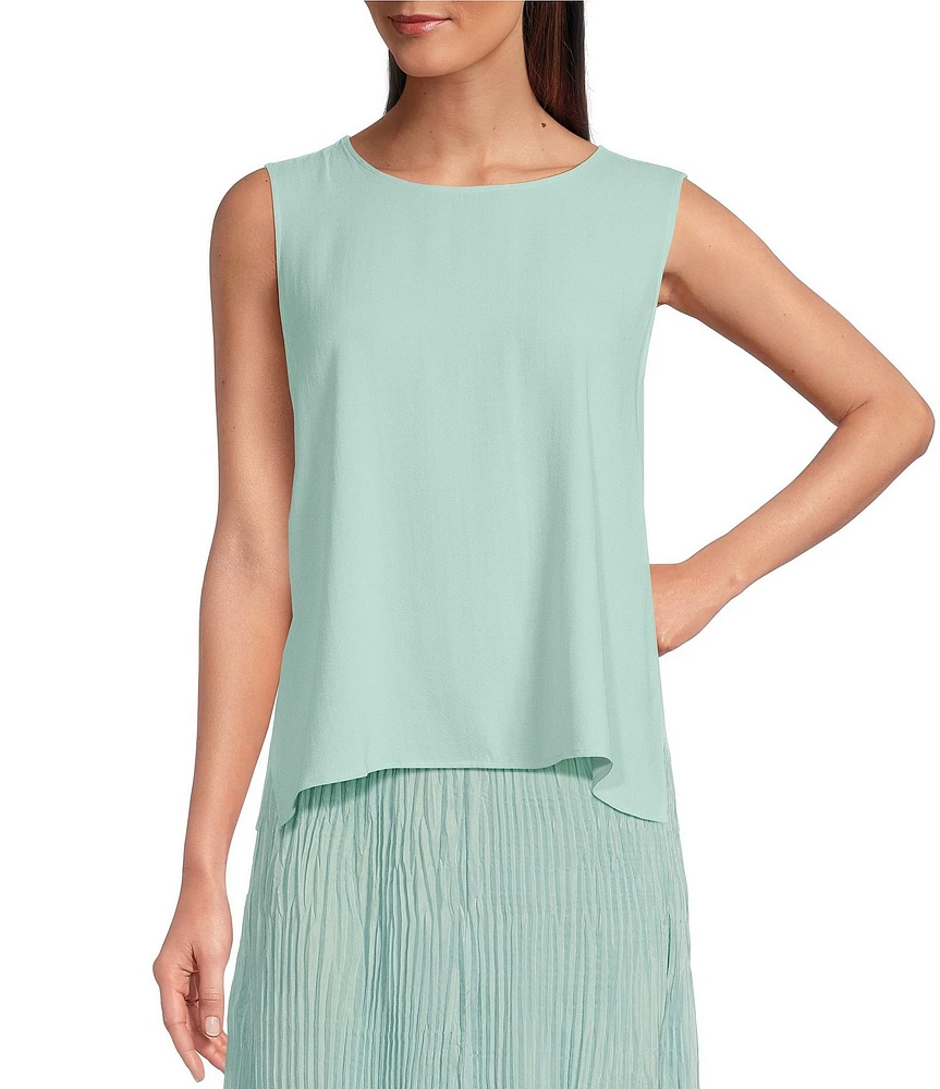 Eileen Fisher Silk Georgette Crepe Crew Neck Sleeveless Shell Tank