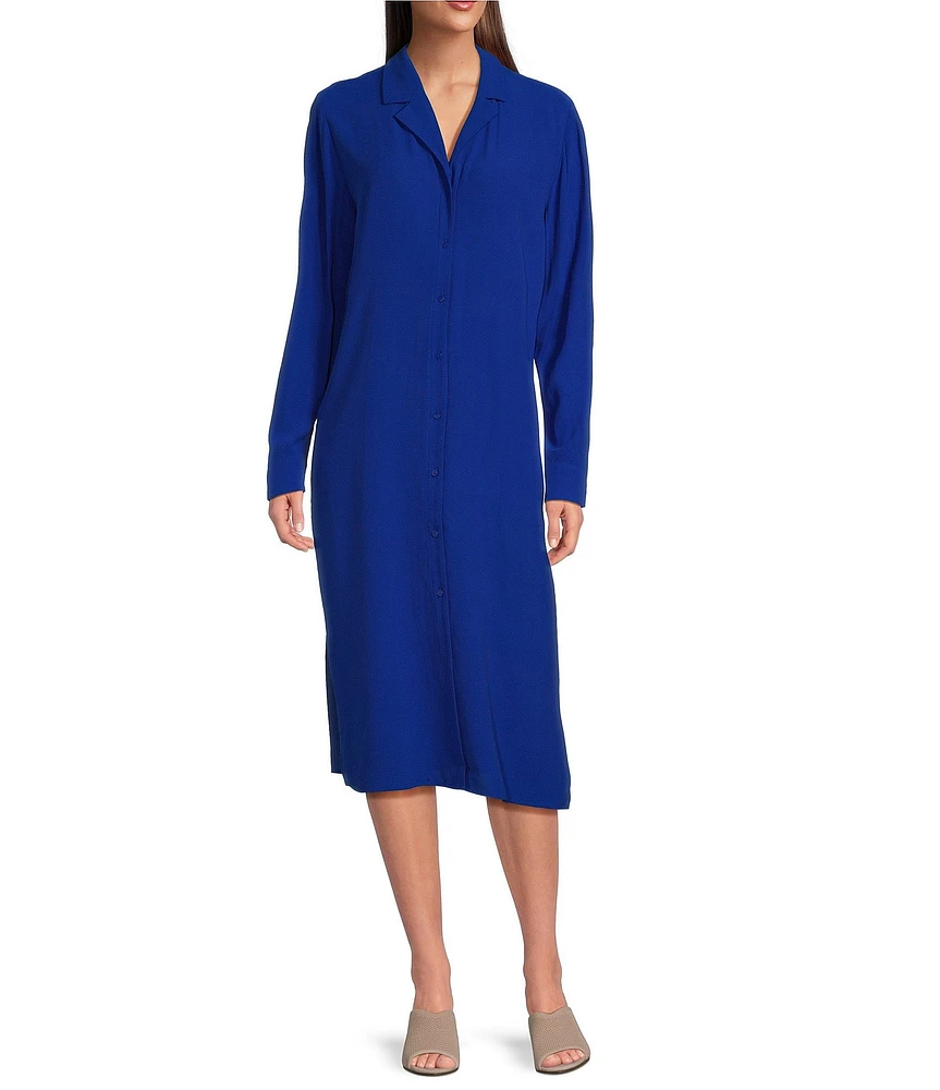 Eileen Fisher Silk Georgette Crepe Notch Collar Long Sleeve Button Front Midi Dress