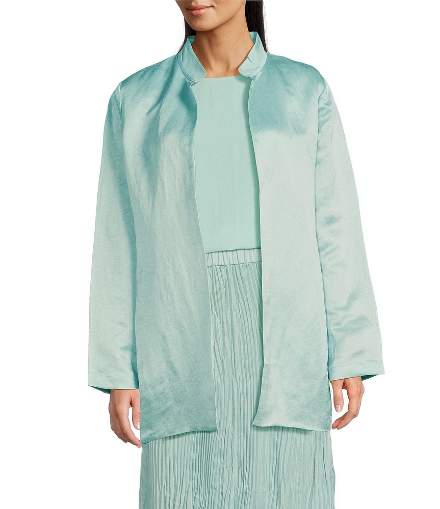 Eileen Fisher Silk Satin Stand Collar Long Sleeve Open Front Jacket