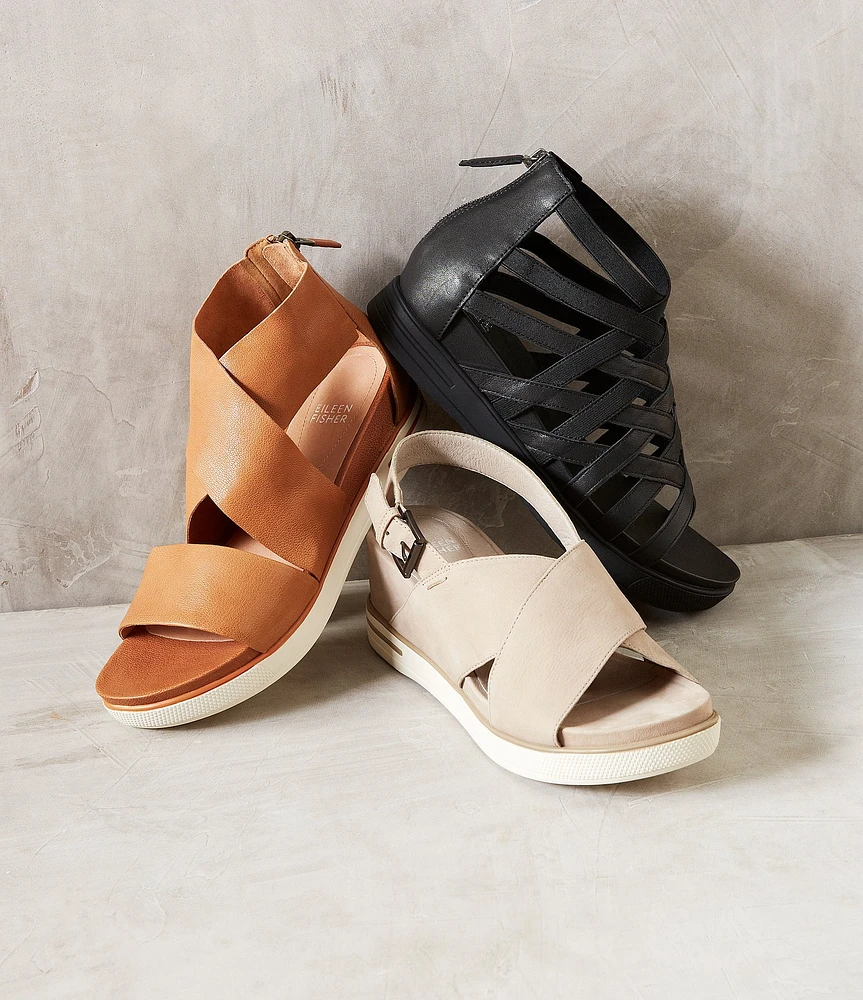 Eileen Fisher Sport Criss Cross Tumbled Leather Banded Platform Sandals