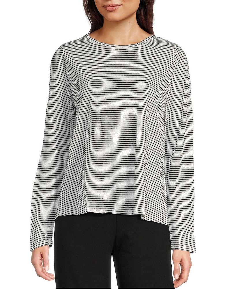 Eileen Fisher Striped Organic Linen Jersey Crew Neck Long Sleeve Tee