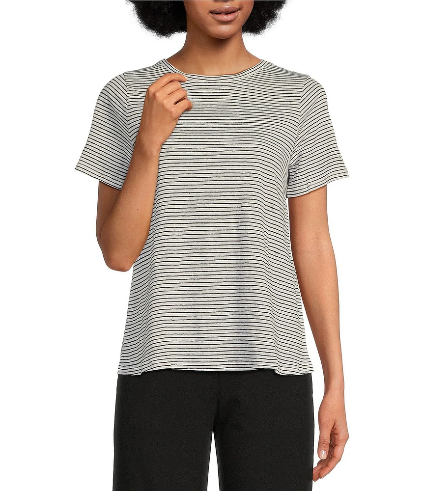 Eileen Fisher Striped Organic Linen Jersey Crew Neck Short Sleeve Tee
