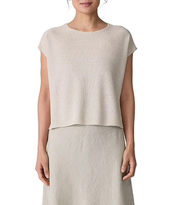 Eileen Fisher Textural Organic Linen Blend Knit Blend Crew Neck Short Sleeve Boxy Sweater