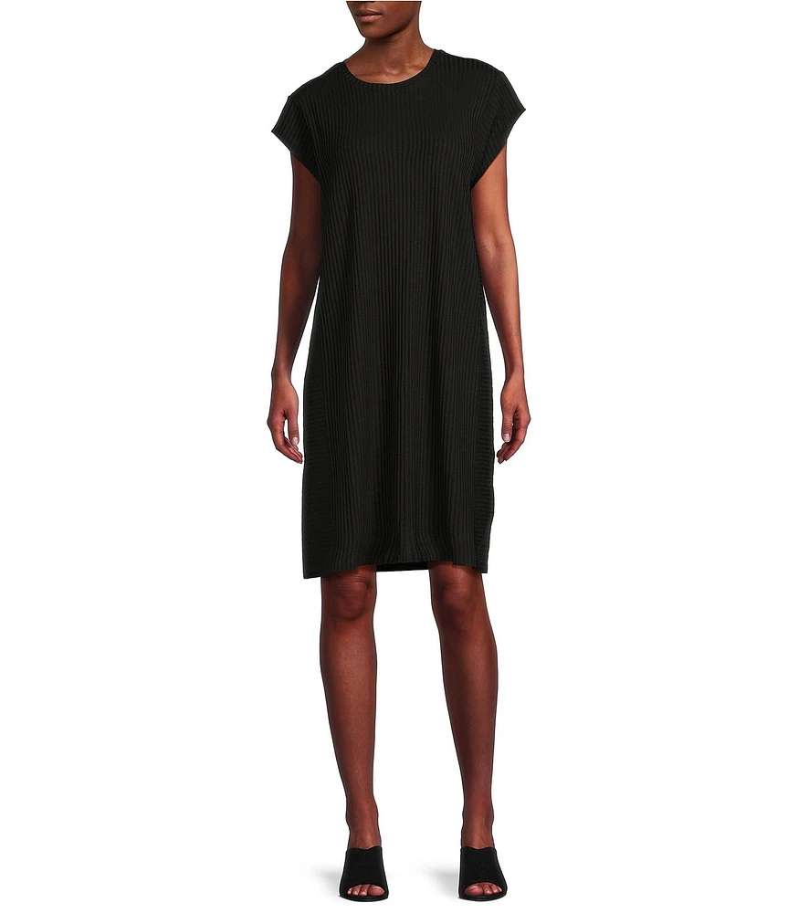 Eileen Fisher Textured Stretch Rib Round Neck Cap Sleeve Shift Dress