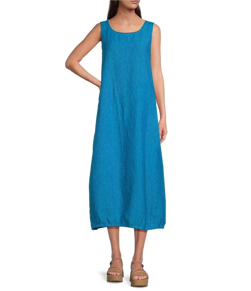 Eileen Fisher Washed Organic Linen Ballet Neck Sleeveless Lantern Midi Dress