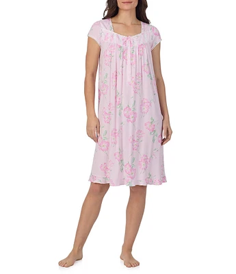 Eileen West Floral Print Cap Sleeve Sweetheart Neck Knit Waltz Nightgown