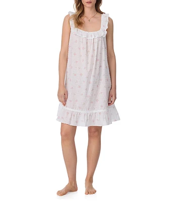 Eileen West Floral Print Sleeveless Square Neck Woven Swiss Dot Chemise