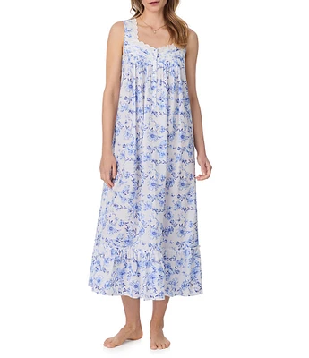 Eileen West Floral Print Sleeveless Sweetheart Neck Woven Cotton Ballet Nightgown