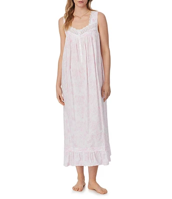 Eileen West Floral Print Sleeveless Sweetheart Neck Woven Cotton Long Nightgown