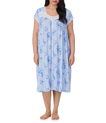 Eileen West Plus Size Floral Print Cap Sleeve Sweetheart Neck Jersey Knit Waltz Nightgown