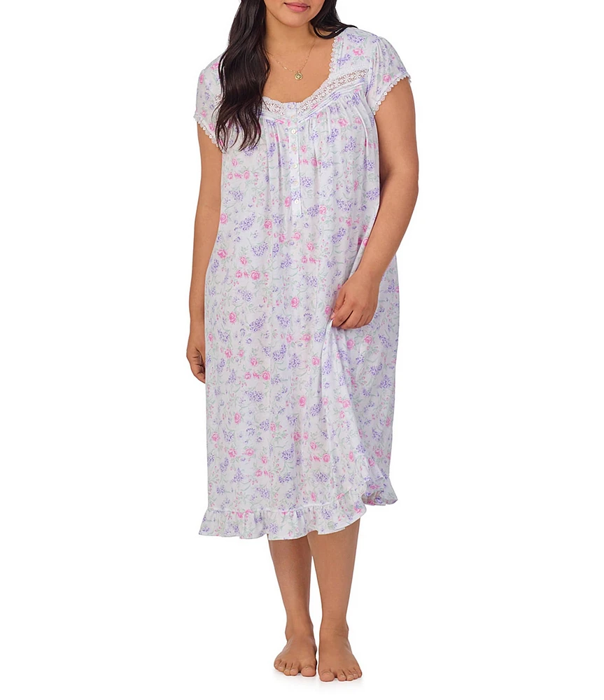 Eileen West Plus Size Floral Print Cap Sleeve Sweetheart Neck Partial Button Front Jersey Knit Waltz Nightgown