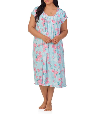 Eileen West Plus Size Silky Jersey Knit Cap Sleeve Sweetheart Neck Floral Print Waltz Nightgown