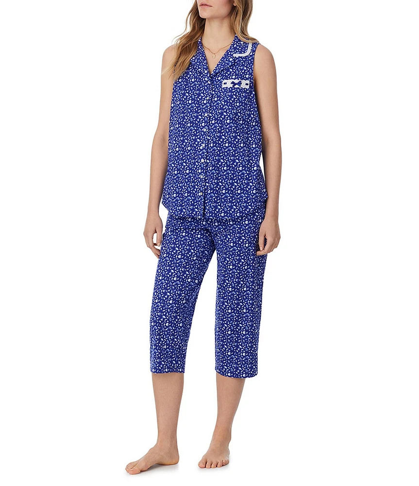 Eileen West Shell Print Sleeveless Notch Collar Jersey Knit Capri Pajama Set