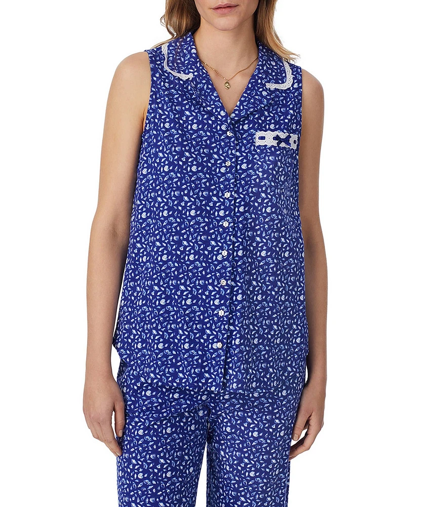Eileen West Shell Print Sleeveless Notch Collar Jersey Knit Capri Pajama Set