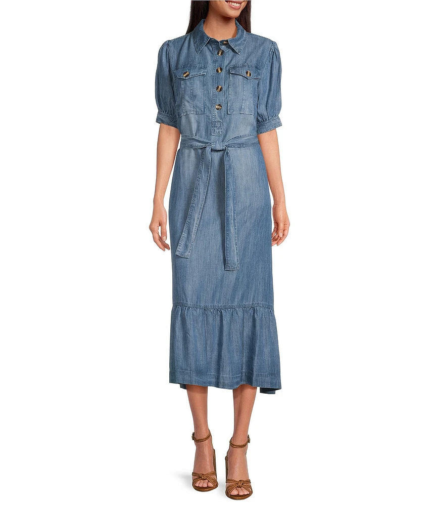 ELAN Denim Notch Collar Short Sleeve Tie-Waist Midi Shirtdress