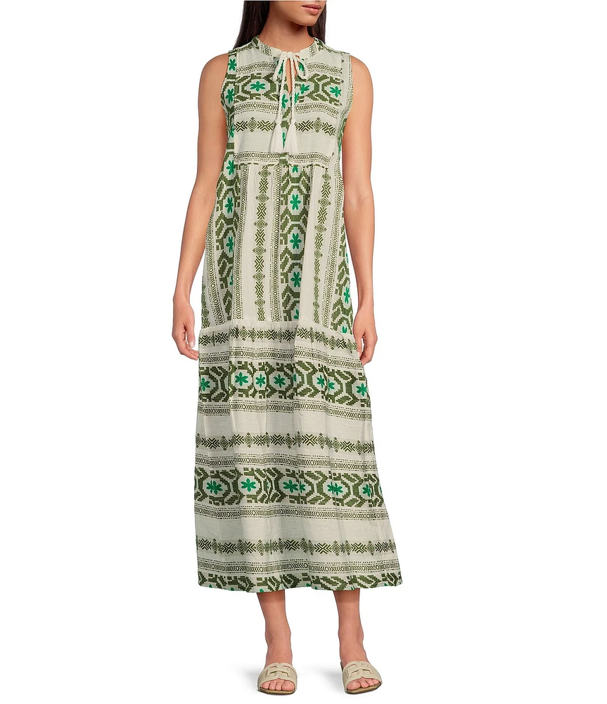 ELAN Geometric Print Tassel Split V-Neck Sleeveless Midi Dress