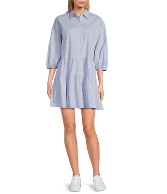 ELAN Point Collar 3/4 Balloon Sleeve Button Front A-Line Dress