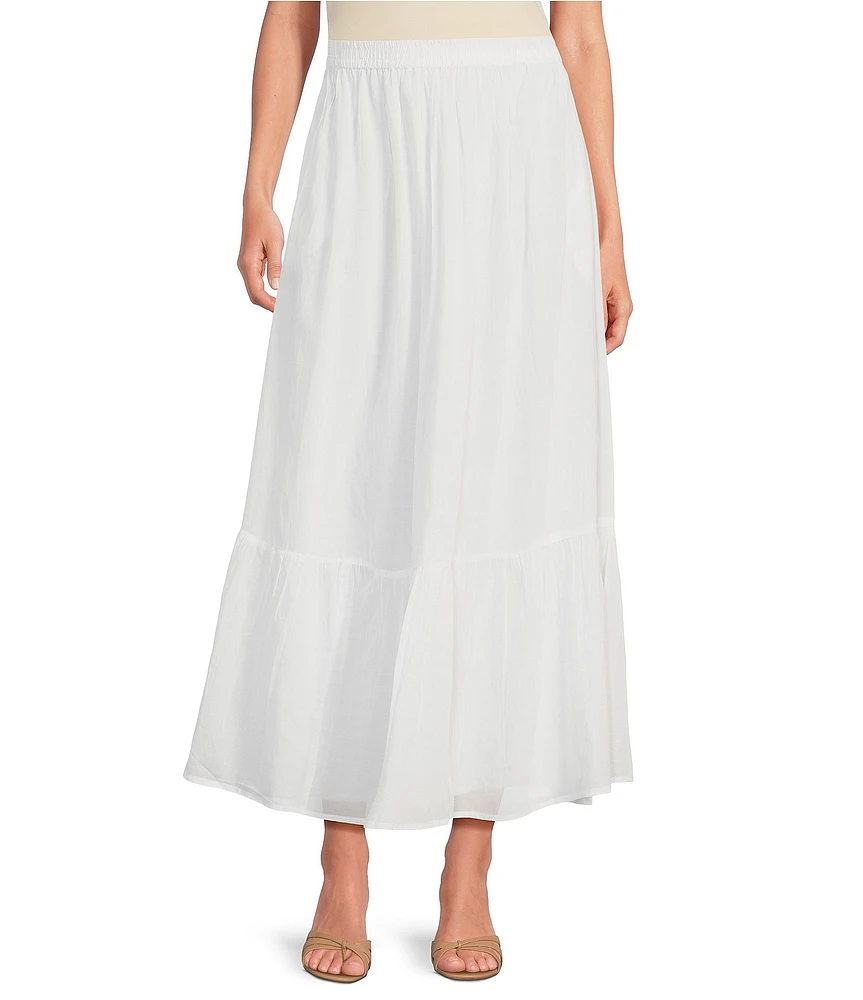 ELAN Solid Woven Elastic Waist Tiered Ruffle Hem A-Line Midi Skirt