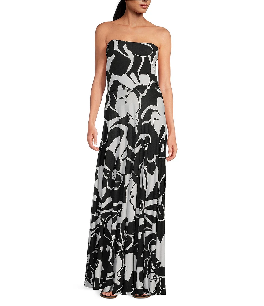 ELAN Stretch Knit Floral Print Strapless Convertible Dress