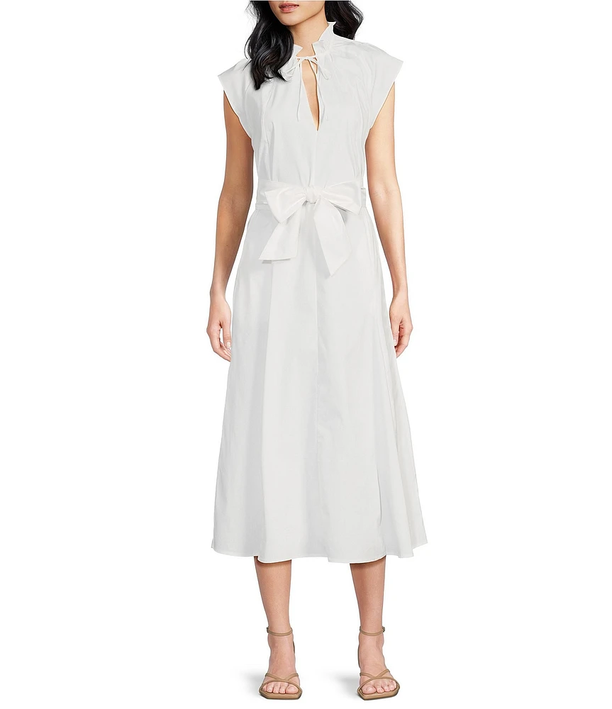 ELAN Woven Stand Collar Neck Cap Sleeve Belted Ruffle A-Line Midi Dress