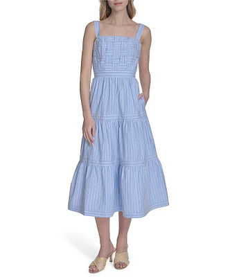 Eliza J Basketweave Cotton Stripe Print Square Neck Sleeveless A-Line Midi Dress