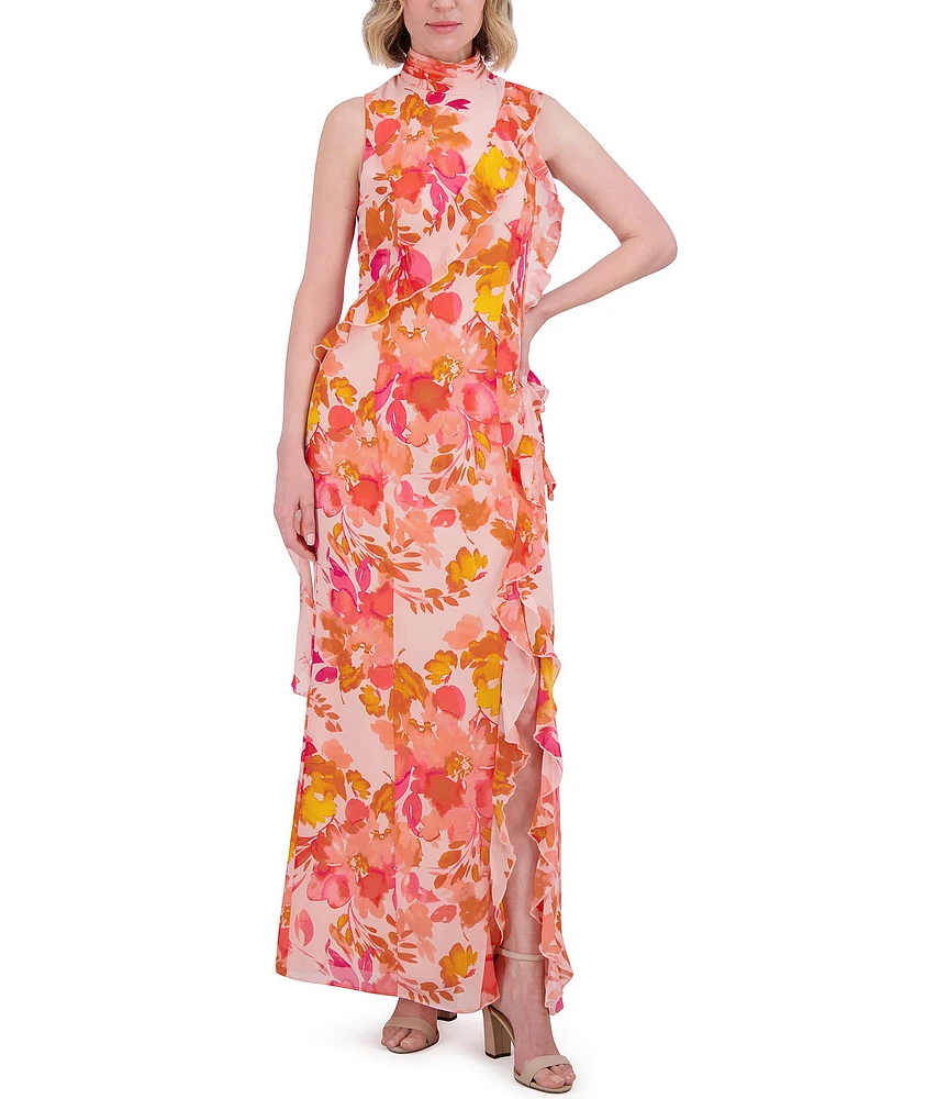 Eliza J Chiffon Floral Print Halter Neck Sleeveless Ruffle Sheath Maxi Dress