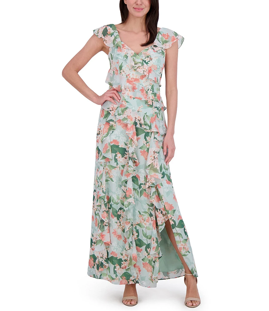Eliza J Chiffon Floral Print V Neck Cap Sleeve Ruffle Fit and Flare Gown