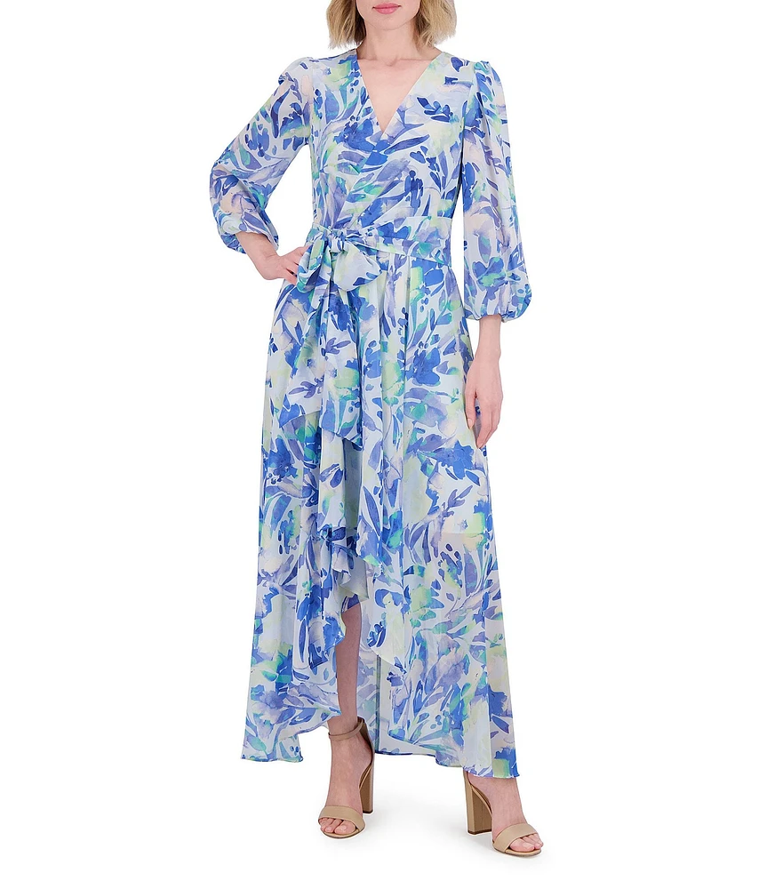 Eliza J Chiffon Floral Print V Neck Long Sleeve Waist Tie Belt A-Line Dress