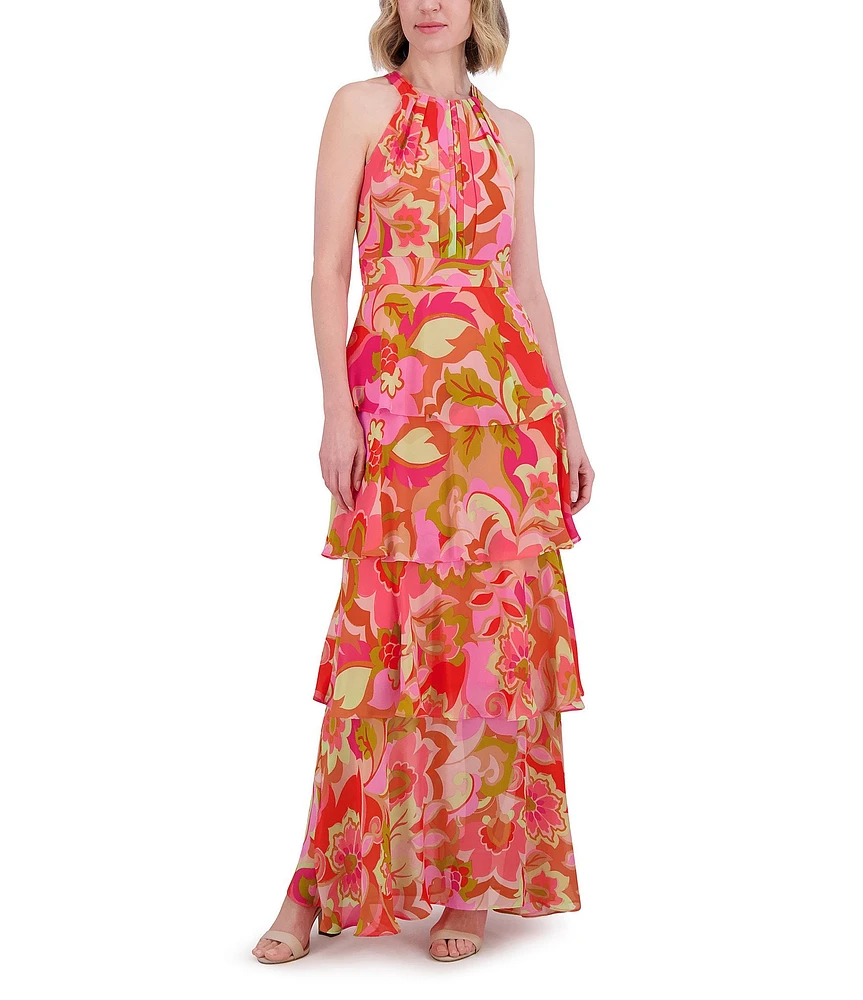 Eliza J Chiffon Floral Swirl Print Halter Neck Sleeveless Ruffle Maxi Dress