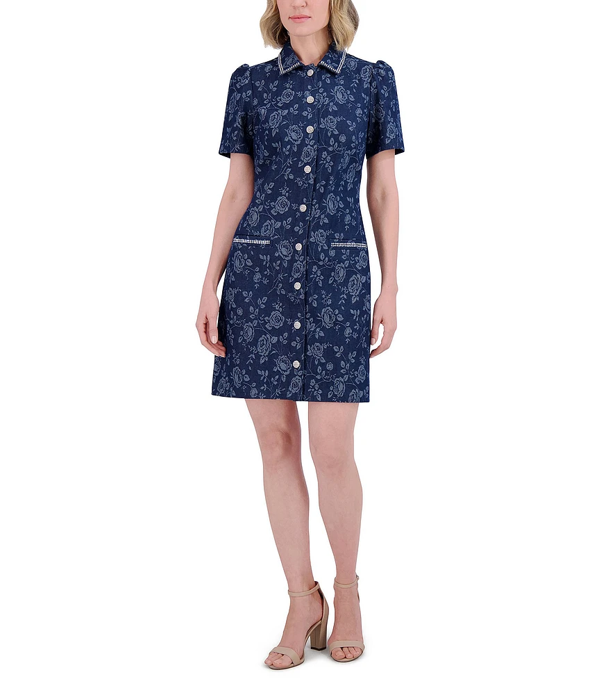 Eliza J Denim Floral Print Point Collar Neck Short Sleeve Rhinestoned Button Front Shirt Mini Dress