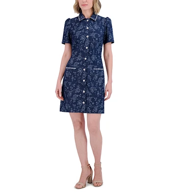 Eliza J Denim Floral Print Point Collar Neck Short Sleeve Rhinestoned Button Front Shirt Mini Dress