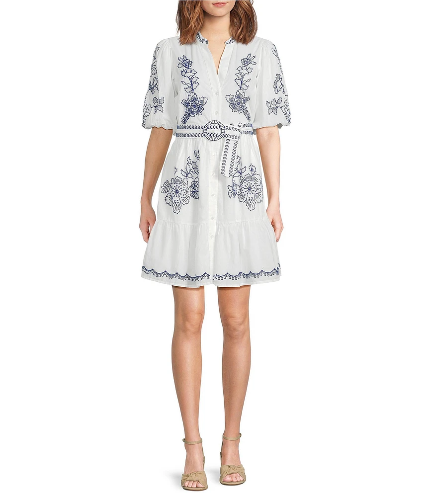 Eliza J Embroidered Cotton Floral Print Split V Neck Short Sleeve A-Line Dress