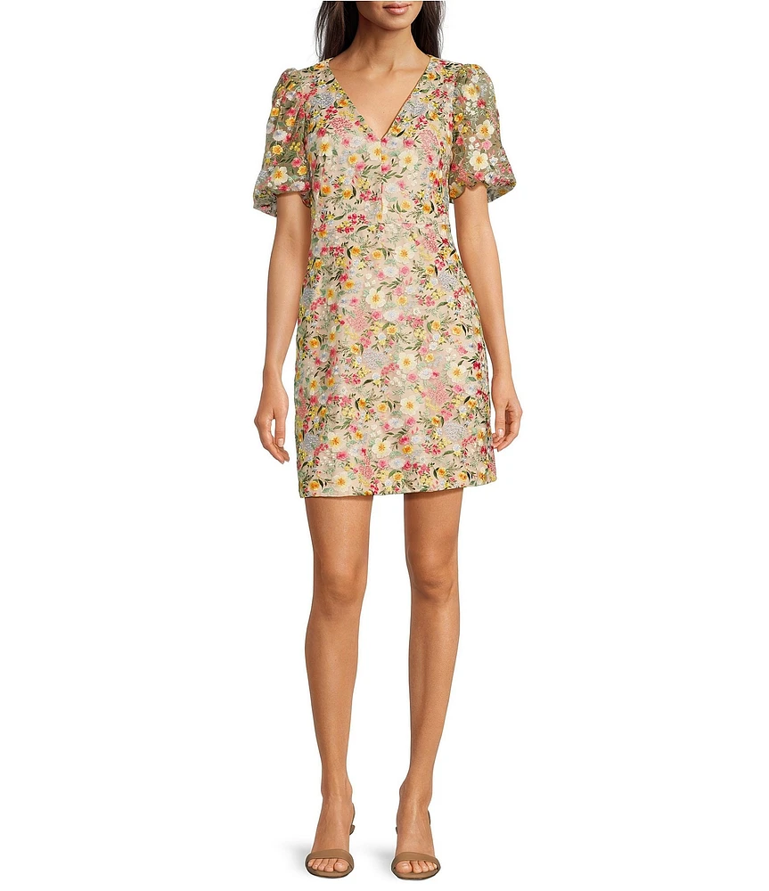 Eliza J Embroidered V-Neck Short Puff Sleeve Fit and Flare Dress