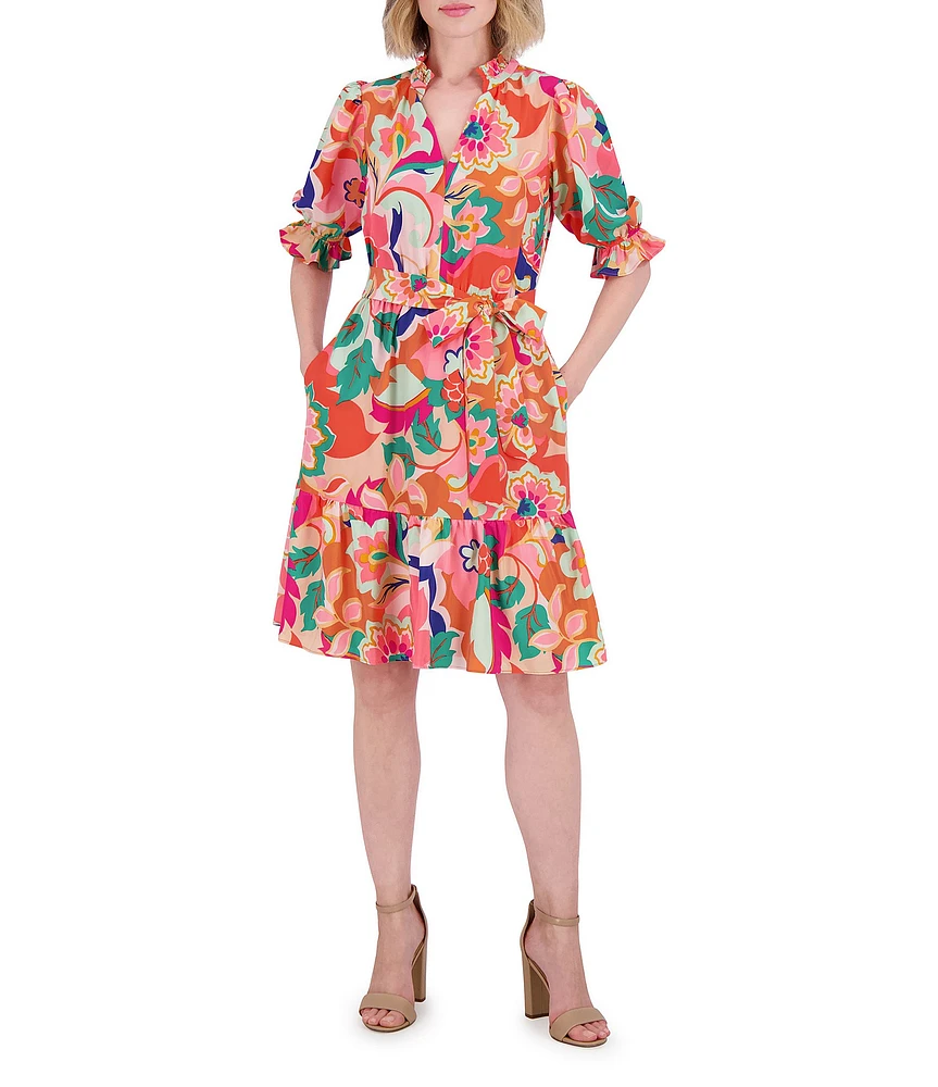 Eliza J Floral Print V Neck Short Puff Sleeve Waist Tie Belt A-Line Dress