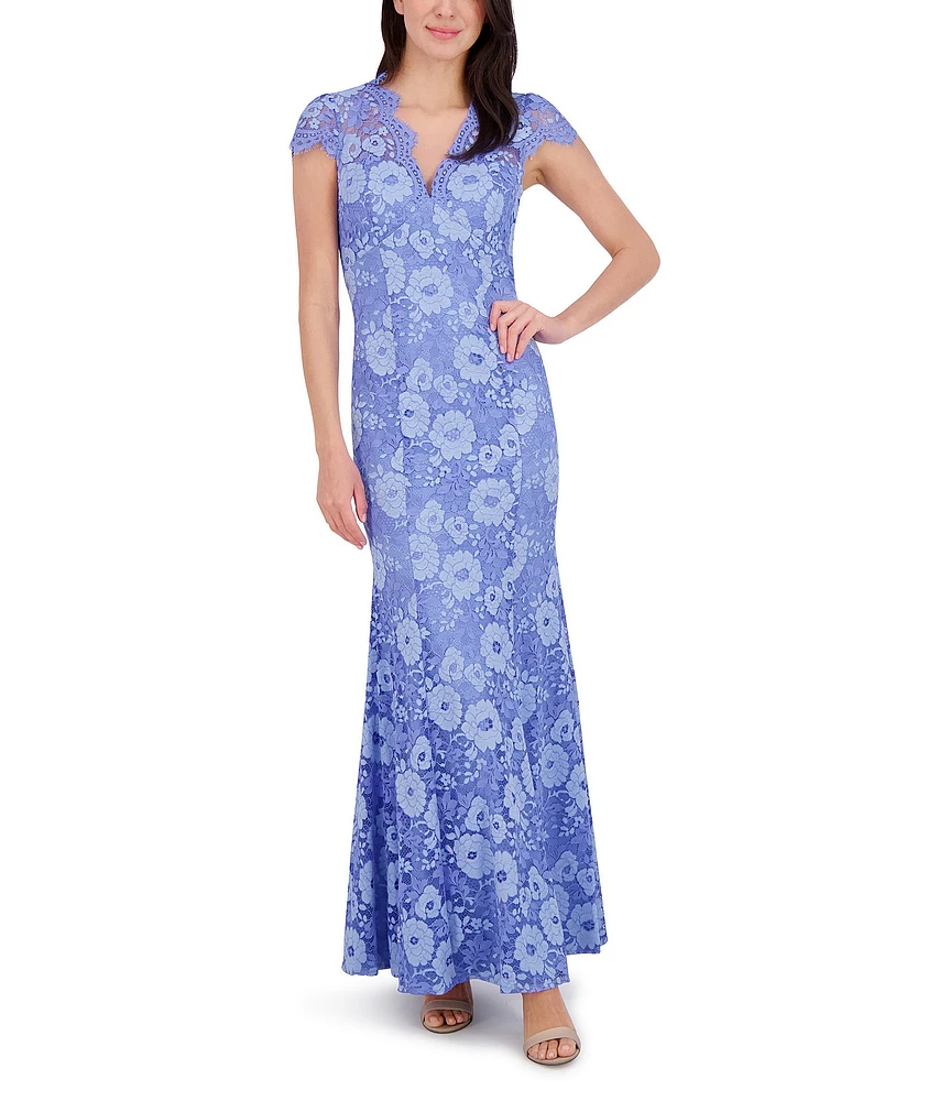 Eliza J Lace V Neck Cap Sleeve Fit and Flare Gown