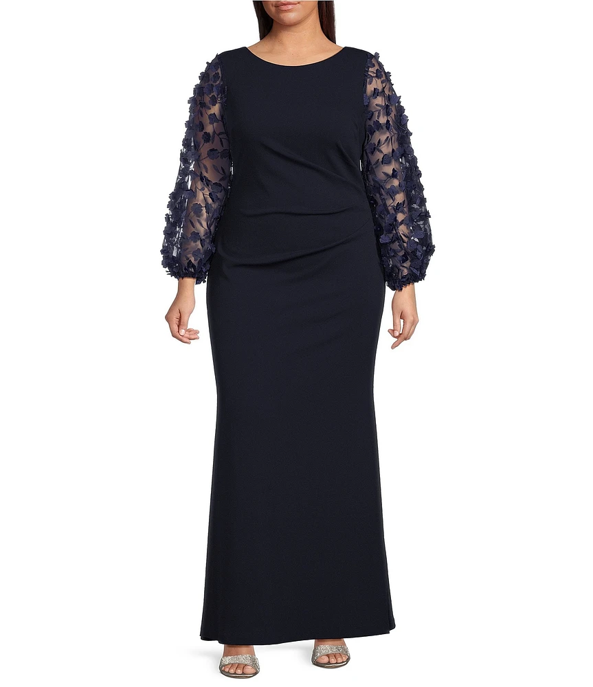 Eliza J Plus Size 3D Floral Applique 3/4 Balloon Sleeve Round Neck Sheath Gown