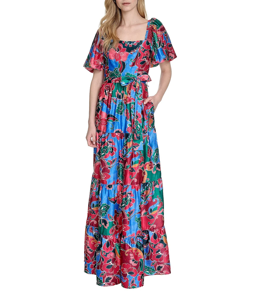 Eliza J Square Neck Short Puffed Sleeve Crepe Satin A-Line Tiered Maxi Dress